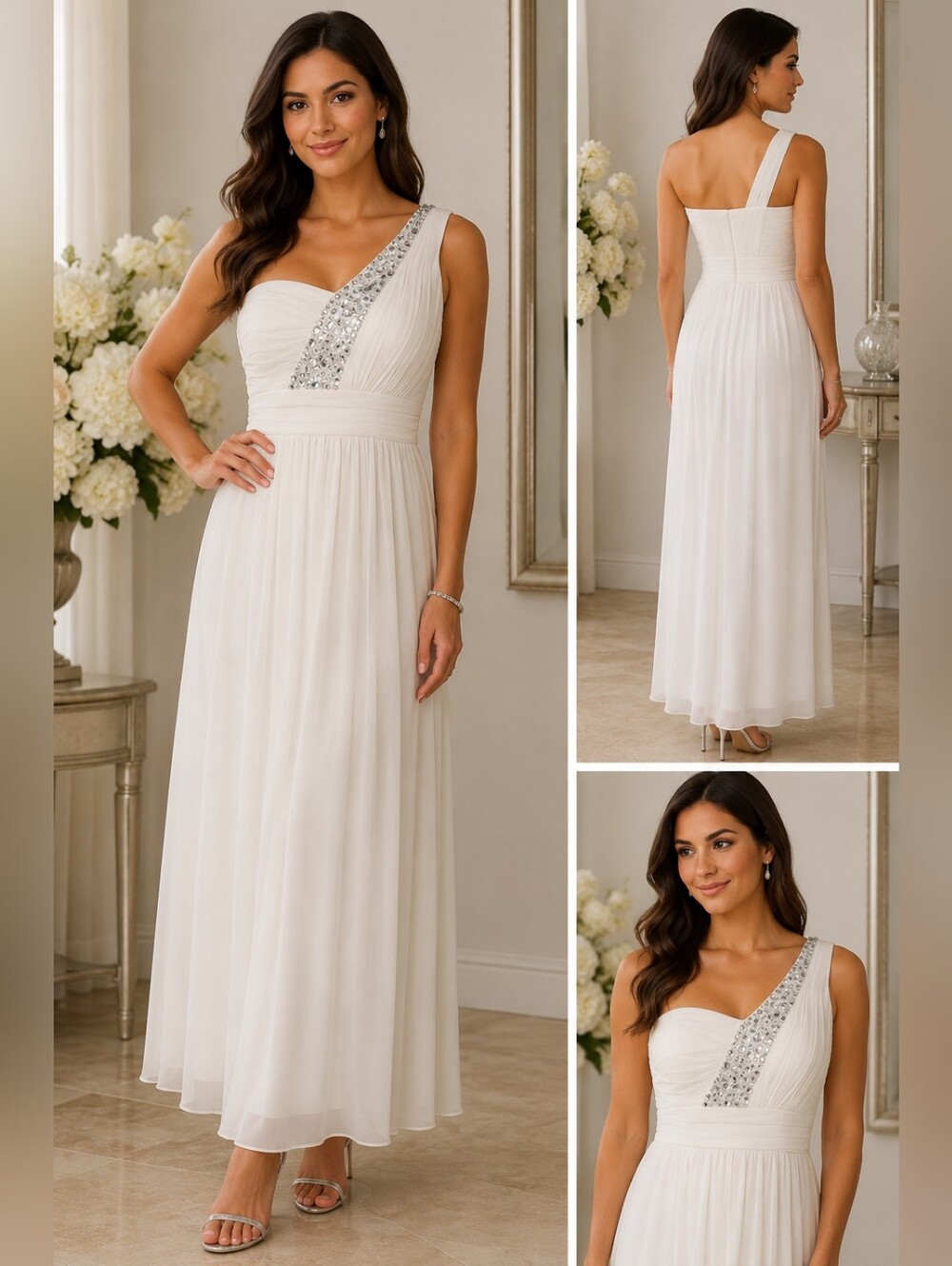 City Triangles White One Shoulder Rhinestone Formal Gown Size Large Elegant Maxi
